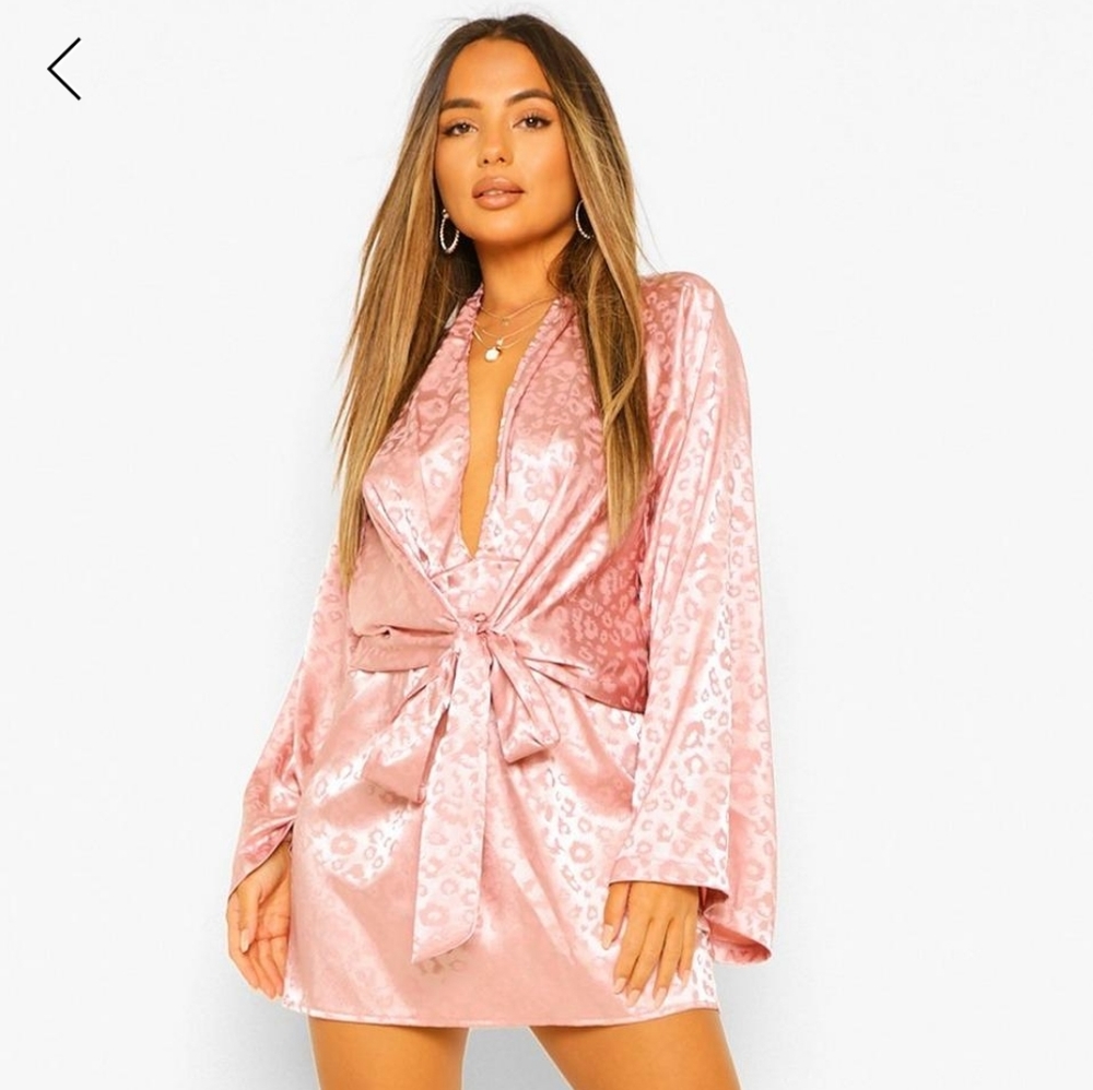 Boohoo Leopard satin tie front mini dress